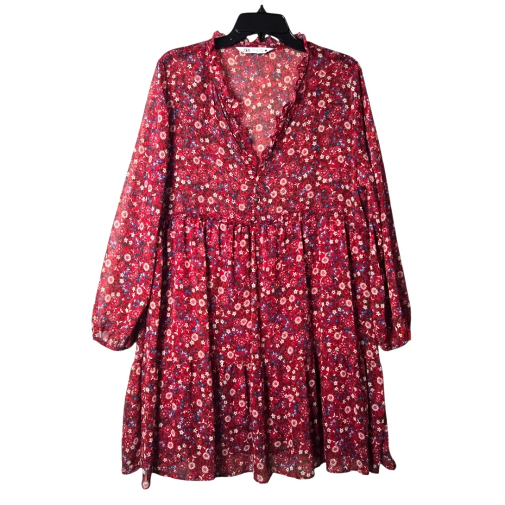 Zara Red Floral V-Neck Long Sleeve Semi Sheer Tiered Mini Babydoll Dress XL - Picture 4 of 16